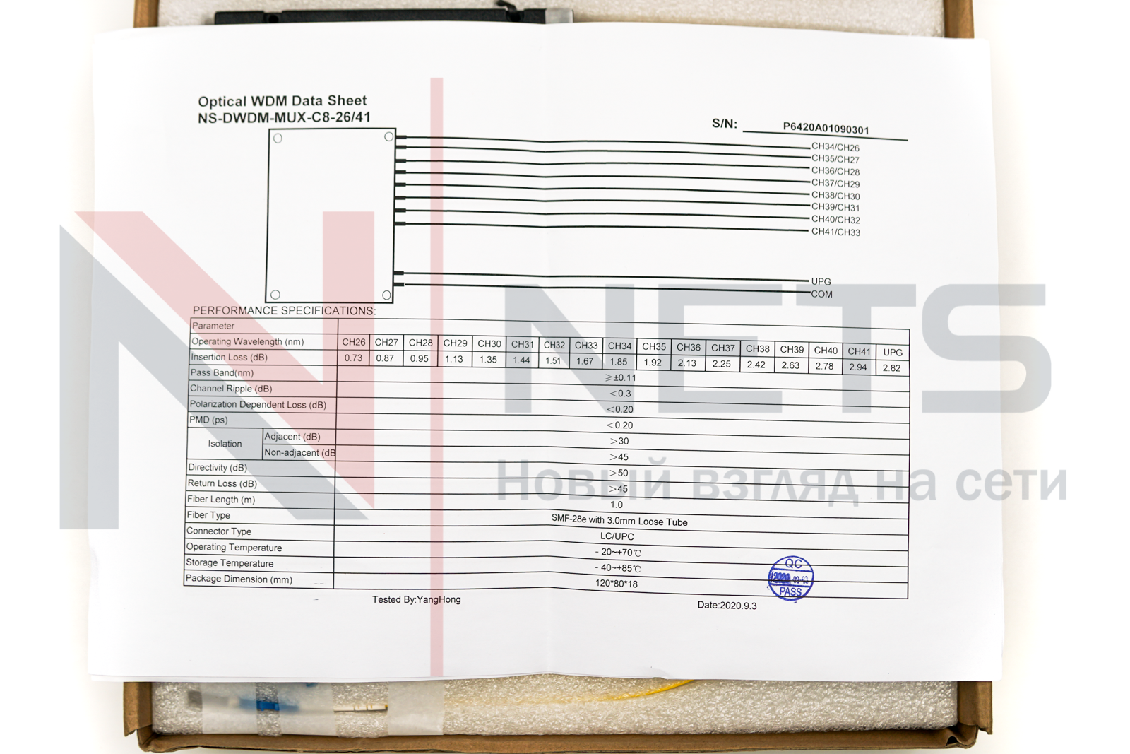 Шасси с двумя оптическими мультиплексорами DWDM 1x16, каналы 26-41, (LC/UPC), COM (LC/UPC), 1/2R