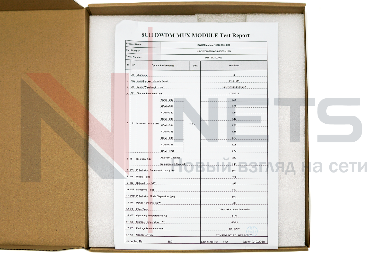 Оптический мультиплексор DWDM 1x8, каналы 30-37, (LC/UPC), COM + UPG (SC/UPC), ABS Box